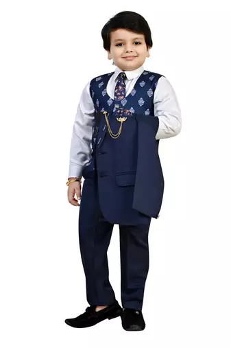 Boys cotton blend 5 piece damask printed coat suit set - navy blue