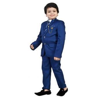 Boys cotton blend 5 piece damask printed coat suit set - royal blue 3