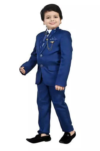 Boys cotton blend 5 piece damask printed coat suit set - royal blue
