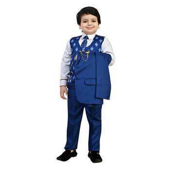 Boys cotton blend 5 piece damask printed coat suit set - royal blue 4