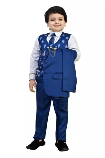 Boys cotton blend 5 piece damask printed coat suit set - royal blue