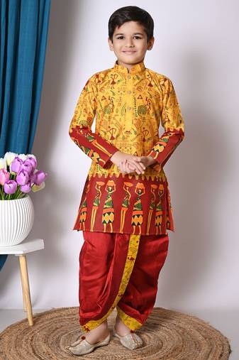 Nfc creation printed yellow dupion silk kurta and dhoti pant set for boys