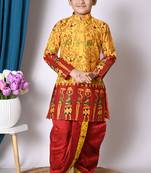 printed yellow dupion silk kurta and dhoti pant set for boys
