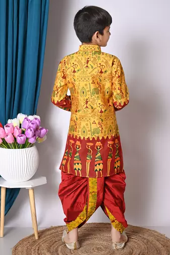 printed yellow dupion silk kurta and dhoti pant set for boys