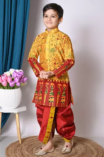 printed yellow dupion silk kurta and dhoti pant set for boys