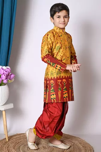printed yellow dupion silk kurta and dhoti pant set for boys