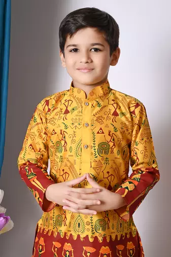 printed yellow dupion silk kurta and dhoti pant set for boys