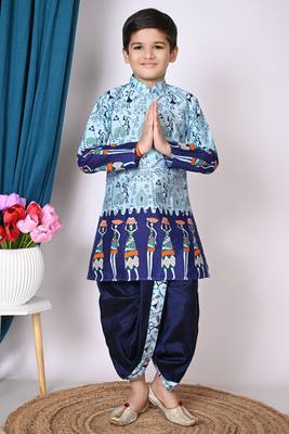 printed blue dupion silk kurta and dhoti pant set for boys 1