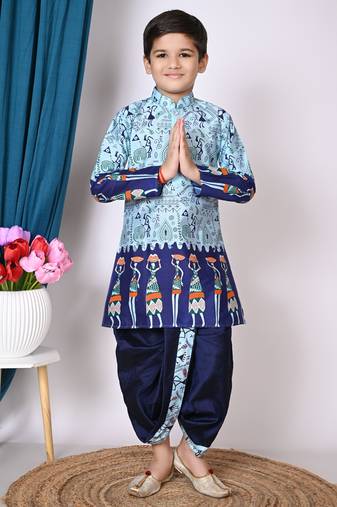 Nfc creation printed blue dupion silk kurta and dhoti pant set for boys
