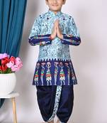 printed blue dupion silk kurta and dhoti pant set for boys