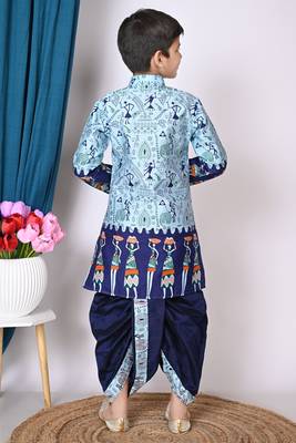 printed blue dupion silk kurta and dhoti pant set for boys 2