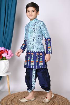 printed blue dupion silk kurta and dhoti pant set for boys 3