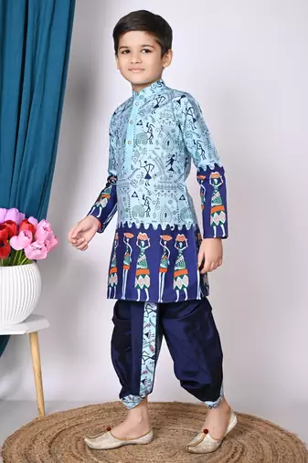 printed blue dupion silk kurta and dhoti pant set for boys