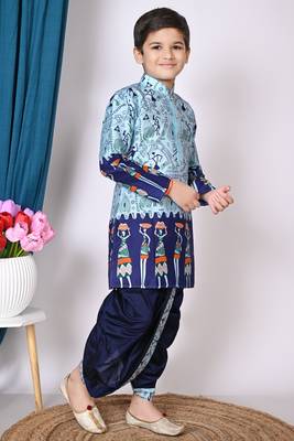 printed blue dupion silk kurta and dhoti pant set for boys 4