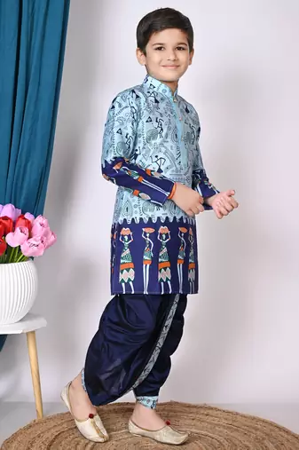 printed blue dupion silk kurta and dhoti pant set for boys