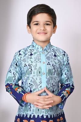 printed blue dupion silk kurta and dhoti pant set for boys 5