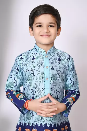 printed blue dupion silk kurta and dhoti pant set for boys