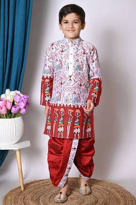 Nfc creation printed maroon dupion silk kurta and dhoti pant set for boys 1