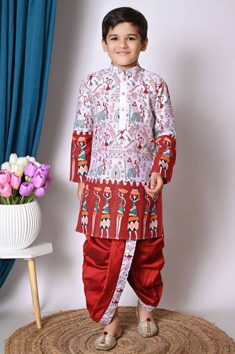 Nfc creation printed maroon dupion silk kurta and dhoti pant set for boys