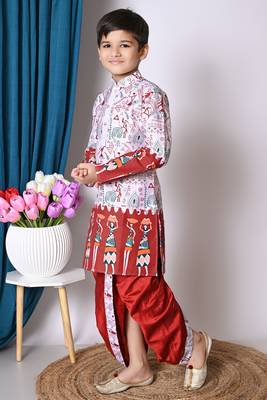 Nfc creation printed maroon dupion silk kurta and dhoti pant set for boys 4