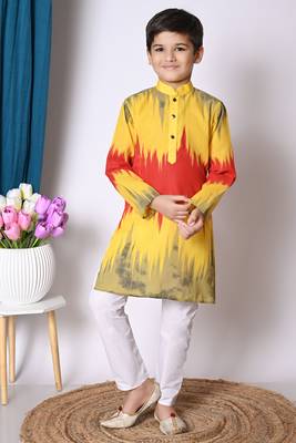 printed yellow cotton blend kurta and pajama set for boys 1