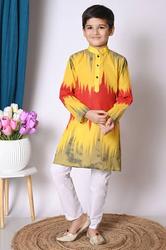 printed yellow cotton blend kurta and pajama set for boys