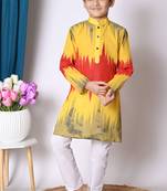 printed yellow cotton blend kurta and pajama set for boys