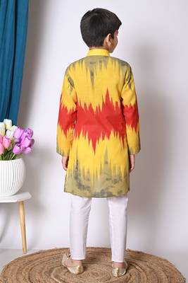 printed yellow cotton blend kurta and pajama set for boys 2