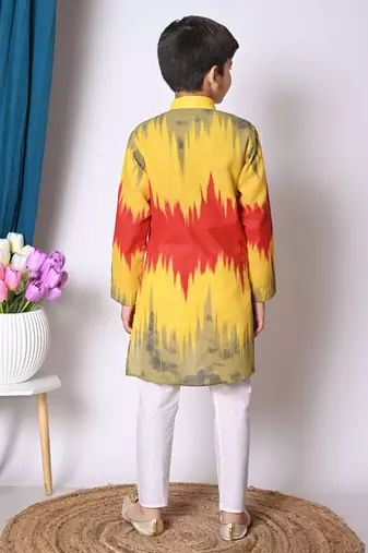 printed yellow cotton blend kurta and pajama set for boys