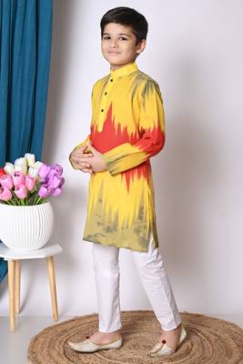 printed yellow cotton blend kurta and pajama set for boys 3