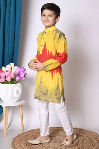 printed yellow cotton blend kurta and pajama set for boys