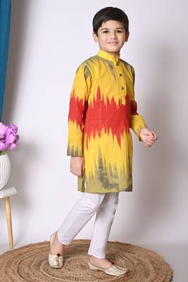 printed yellow cotton blend kurta and pajama set for boys 4