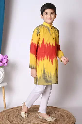printed yellow cotton blend kurta and pajama set for boys