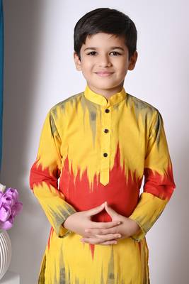 printed yellow cotton blend kurta and pajama set for boys 5