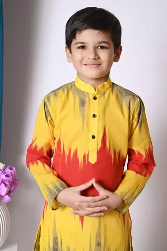 printed yellow cotton blend kurta and pajama set for boys