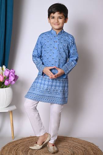Nfc creation printed blue pure cotton kurta and pajama set for boys