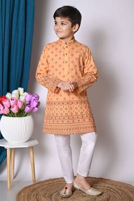 Nfc creation printed peach pure cotton kurta and pajama set for boys 1