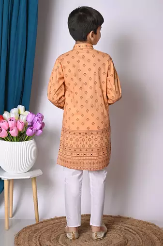 Nfc creation printed peach pure cotton kurta and pajama set for boys