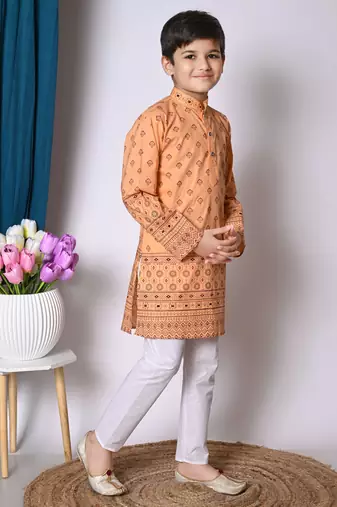 Nfc creation printed peach pure cotton kurta and pajama set for boys
