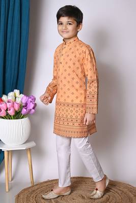 Nfc creation printed peach pure cotton kurta and pajama set for boys 4
