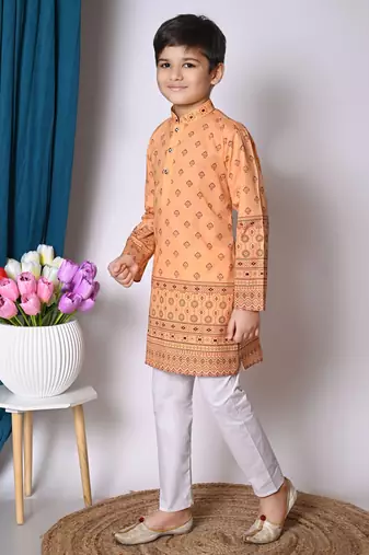 Nfc creation printed peach pure cotton kurta and pajama set for boys