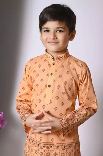 Nfc creation printed peach pure cotton kurta and pajama set for boys