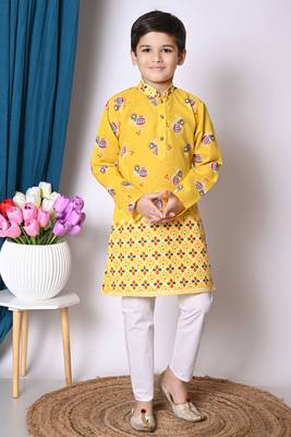 printed yellow cotton blend kurta and pajama set for boys 1