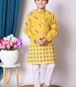 printed yellow cotton blend kurta and pajama set for boys