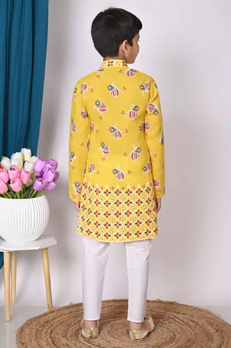printed yellow cotton blend kurta and pajama set for boys