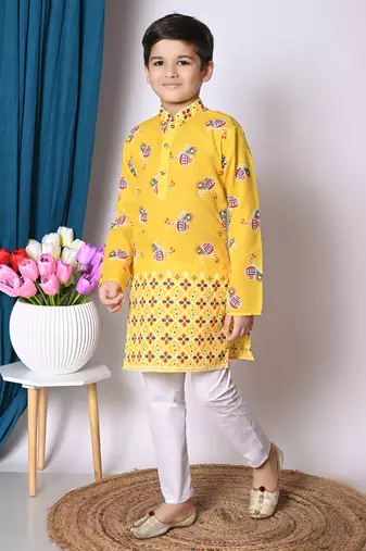 printed yellow cotton blend kurta and pajama set for boys