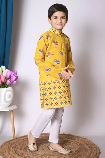 printed yellow cotton blend kurta and pajama set for boys
