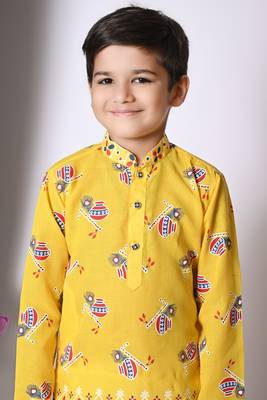 printed yellow cotton blend kurta and pajama set for boys 5