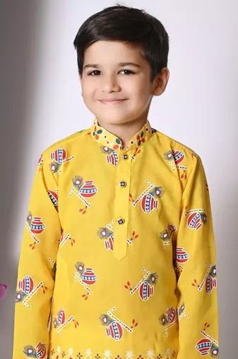 printed yellow cotton blend kurta and pajama set for boys