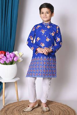 printed blue cotton blend kurta and pajama set for boys 1